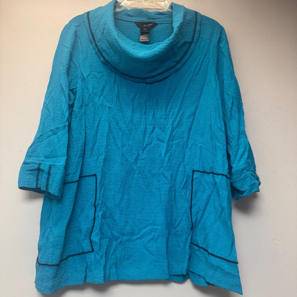 Ali Miles Tunic Top Womens PXL Blue Excellent Cowl Neck Textured Pockets